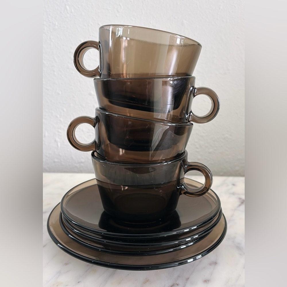 Smoked Glass Set Of 4 Espresso / Demitasse cups and 4 Saucers - France Vintage
